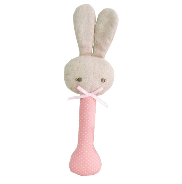 Baby Bunny Stick Rattle - Pink with White Spot