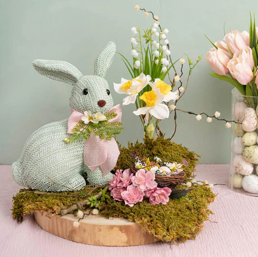 Sitting Straw Bunny w/Pink Bow - Blue
