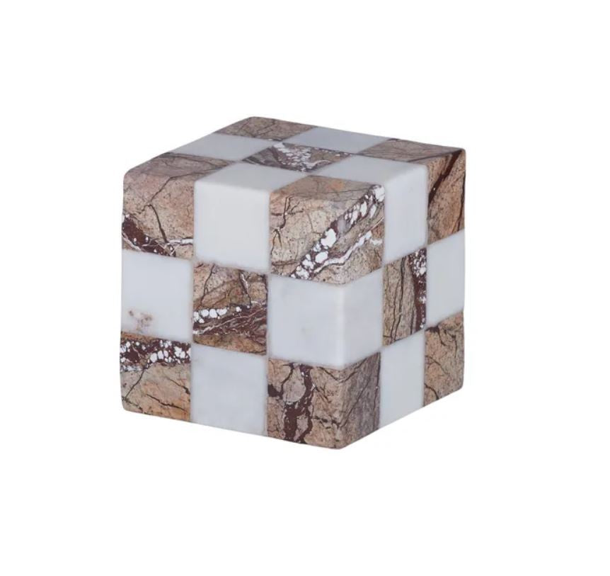 Cubo Marble Sculpture - White/Brown