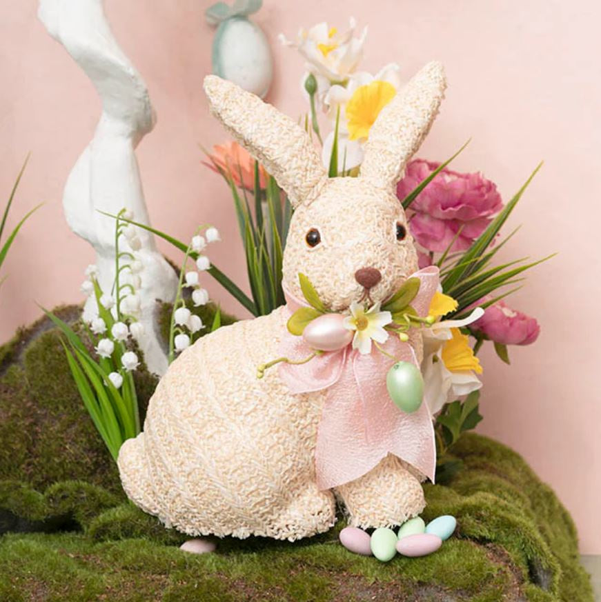 Sitting Straw Bunny W/Pink Bow - Beige