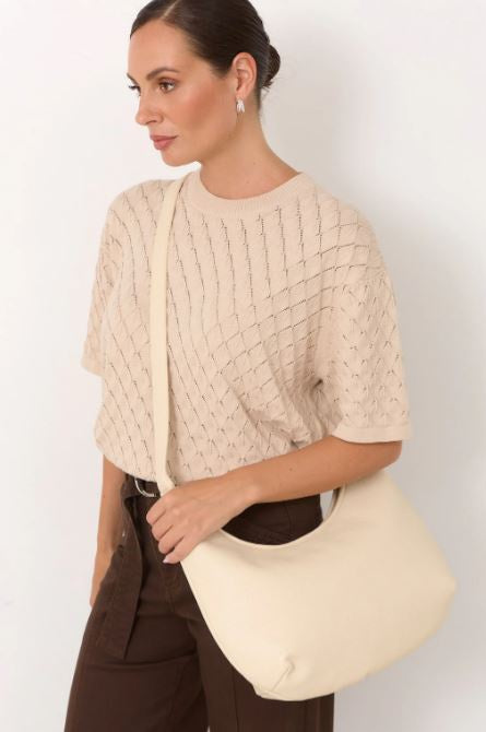 Maggie Woven Moon Crossbody Bag - Stone