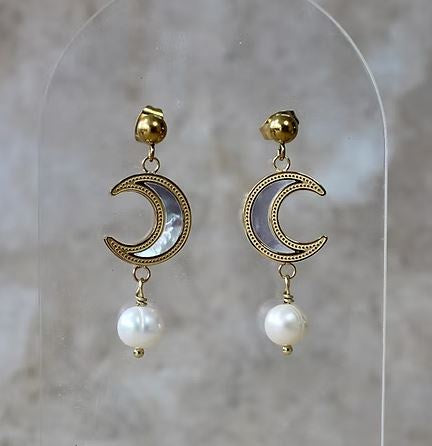 Moon Mother of Pearl Ball Studs - Freshwater Pearl