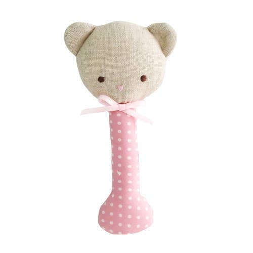 Baby Bear Stick Rattle - Pink with White Spot