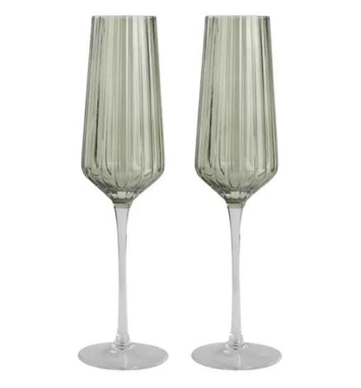 Glass Ribbed Flute S/2 - Green