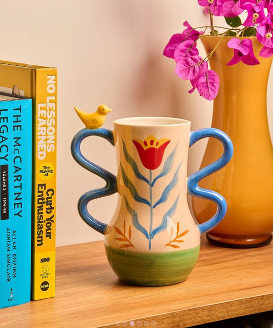 Retro Folk Stoneware Hand Painted Vase