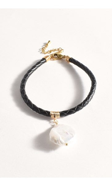 Plaited Leather Pearl Drop Bracelet - Black