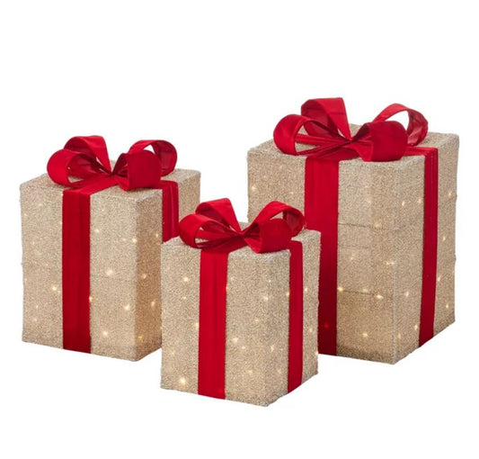 Gift Box LED S/3 - Gold/Red