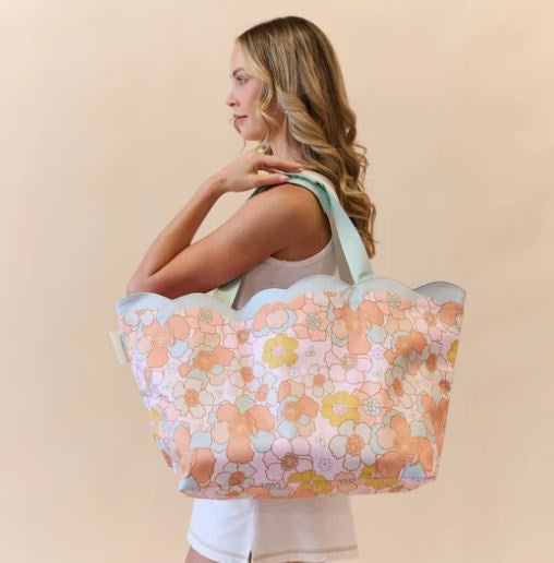 Scalloped Beach Bag- Floral Azure