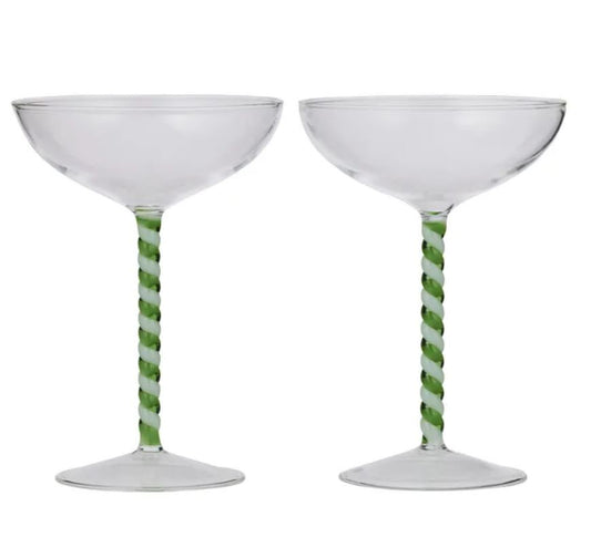 Swirl Coupe Glass S/2 - Green/White